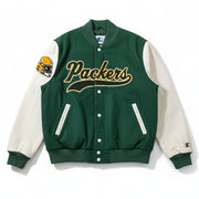 NFL Green Bay Packers varsity jacket for men, large size, quilted lining, navy and green colors, new with tags.
