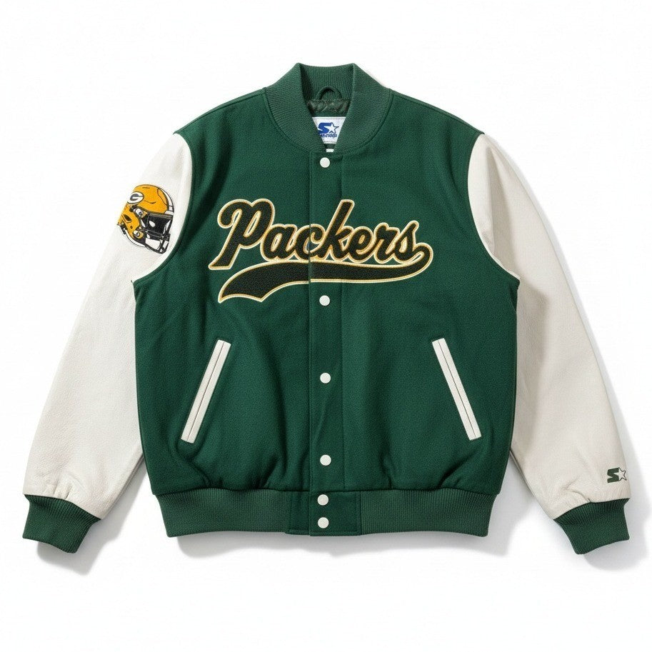 NFL Green Bay Packers varsity jacket for men, large size, quilted lining, navy and green colors, new with tags.