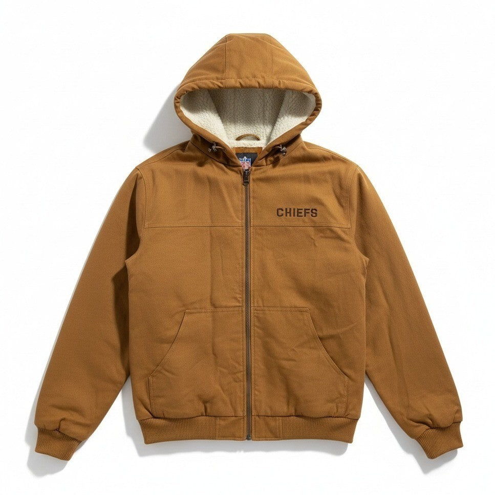 NFL Kansas City Chiefs men's tan flannel sherpa hoodie, small size, showing front view with Chiefs logo and cozy fleece details.