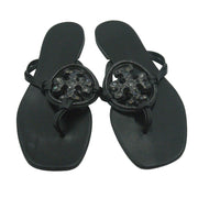 Black Tory Burch Metal Jeweled Miller Crystal Sandals for women, size 9.5, with metallic accents and sparkling crystal details.