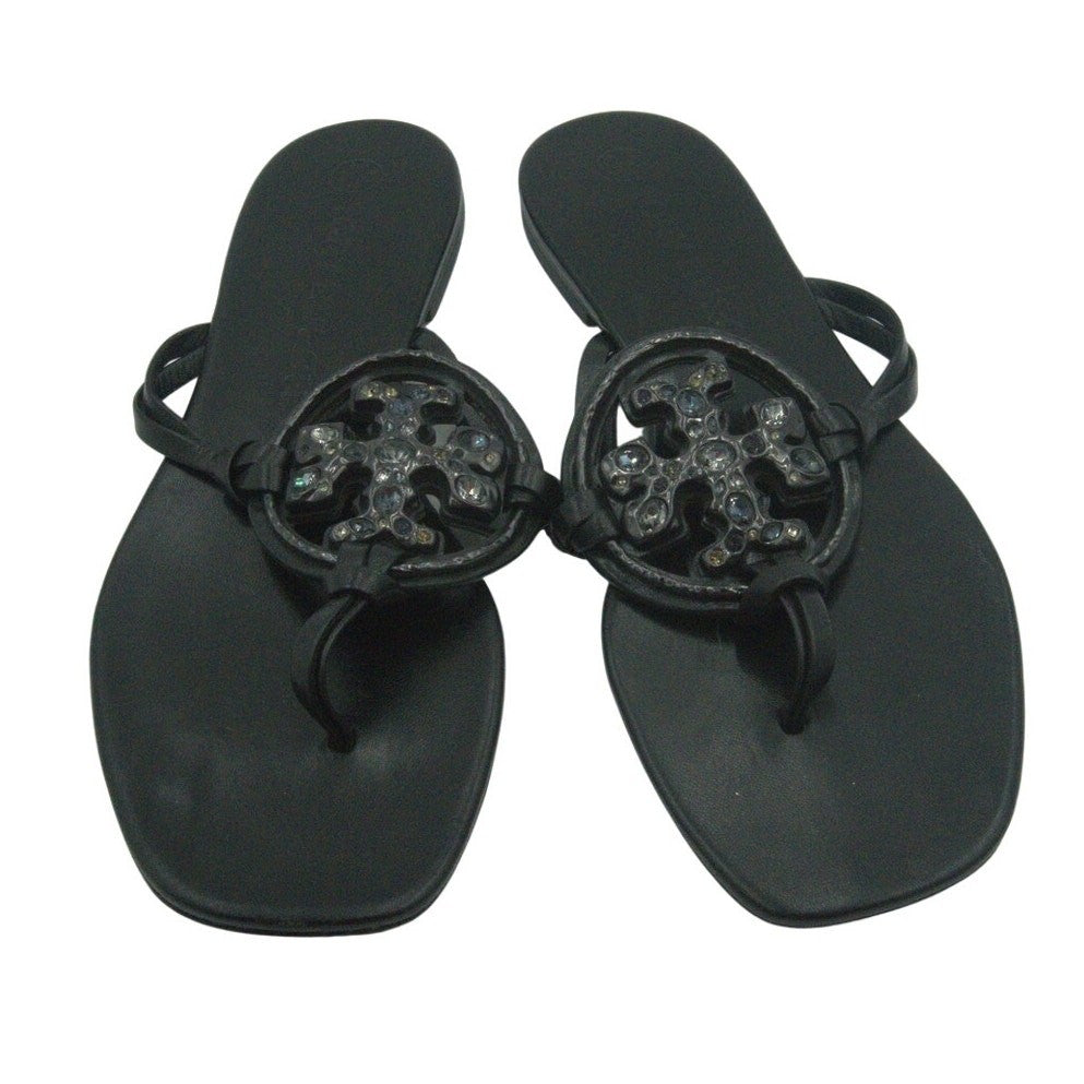 Black Tory Burch Metal Jeweled Miller Crystal Sandals for women, size 9.5, with metallic accents and sparkling crystal details.