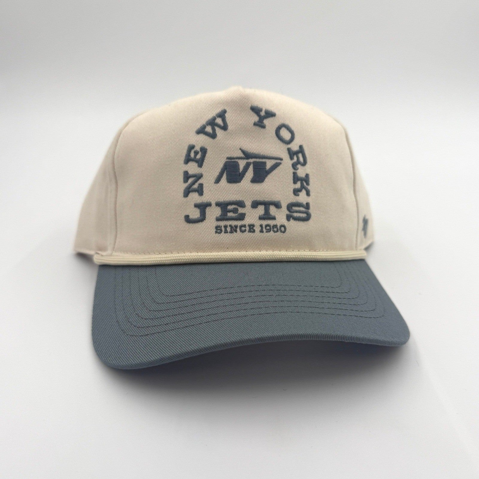 New York Jets '47 Brand snapback hat with rope bill in classic NFL style, featuring team logo and structured design.