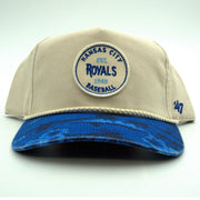 47 Brand Kansas City Royals hitch Fiji rope snapback hat in cream and blue with adjustable OSFA fit, featuring team logo and rope detail.