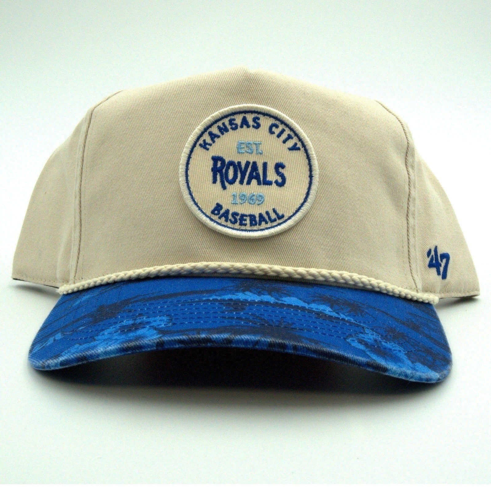 47 Brand Kansas City Royals hitch Fiji rope snapback hat in cream and blue with adjustable OSFA fit, featuring team logo and rope detail.