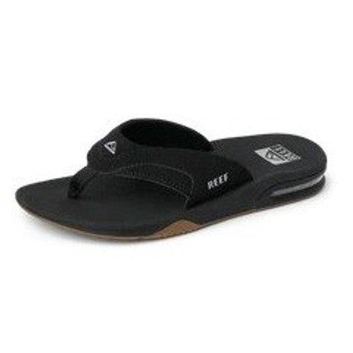 Reef Men's Fanning Sandals in gunmetal and ocean color, size 10, featuring a bottle opener, new with tags.