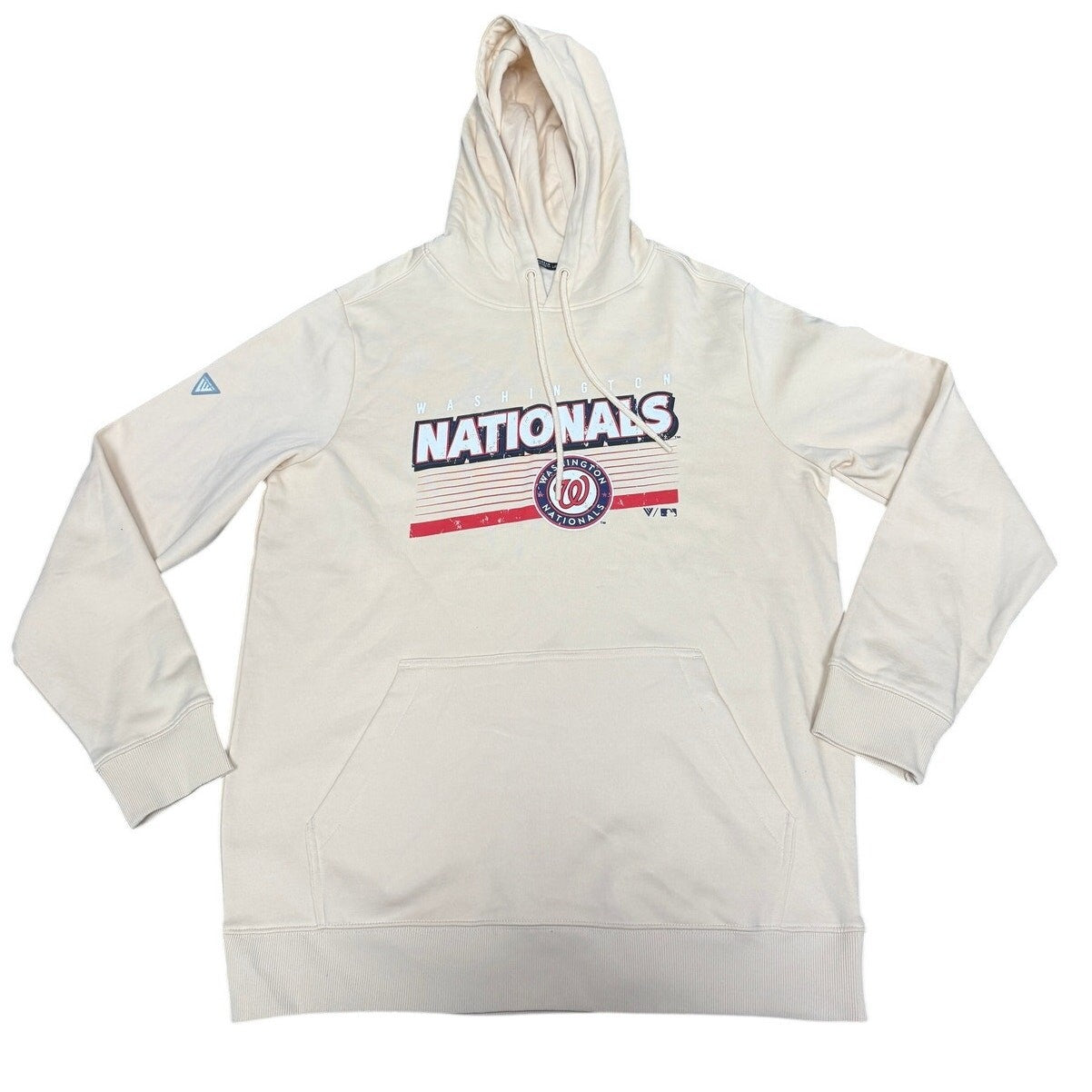 Men's khaki Washington Nationals MLB Levelwear Podium pullover sweatshirt, large size, with team logo on front.