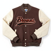 NFL Cleveland Browns men's varsity jacket with quilted lining, large size, featuring team logo and classic design.