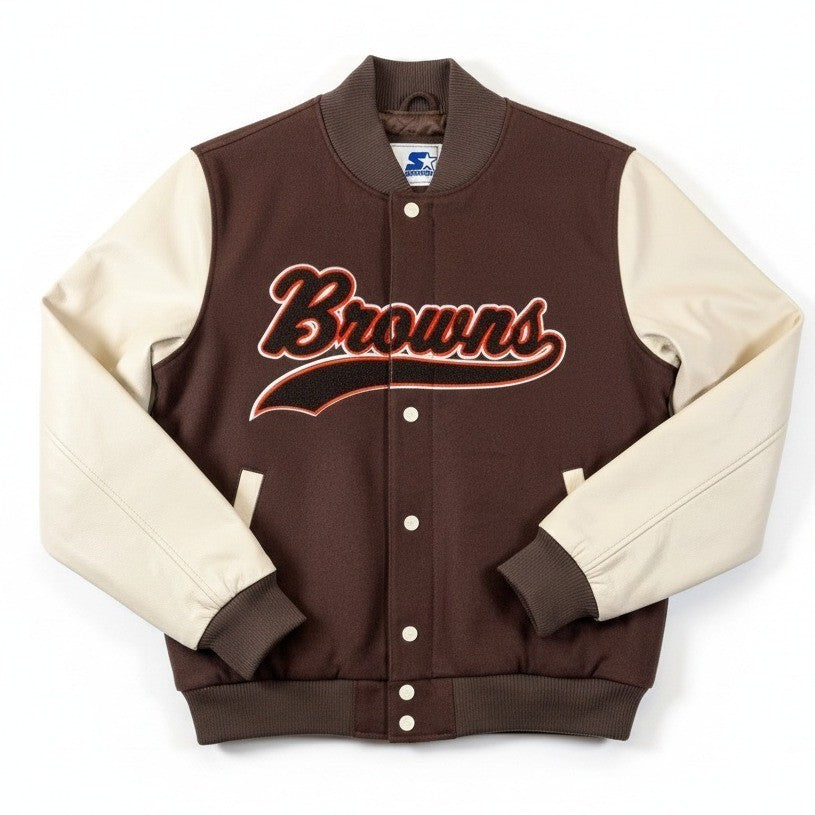 NFL Cleveland Browns men's varsity jacket with quilted lining, large size, featuring team logo and classic design.