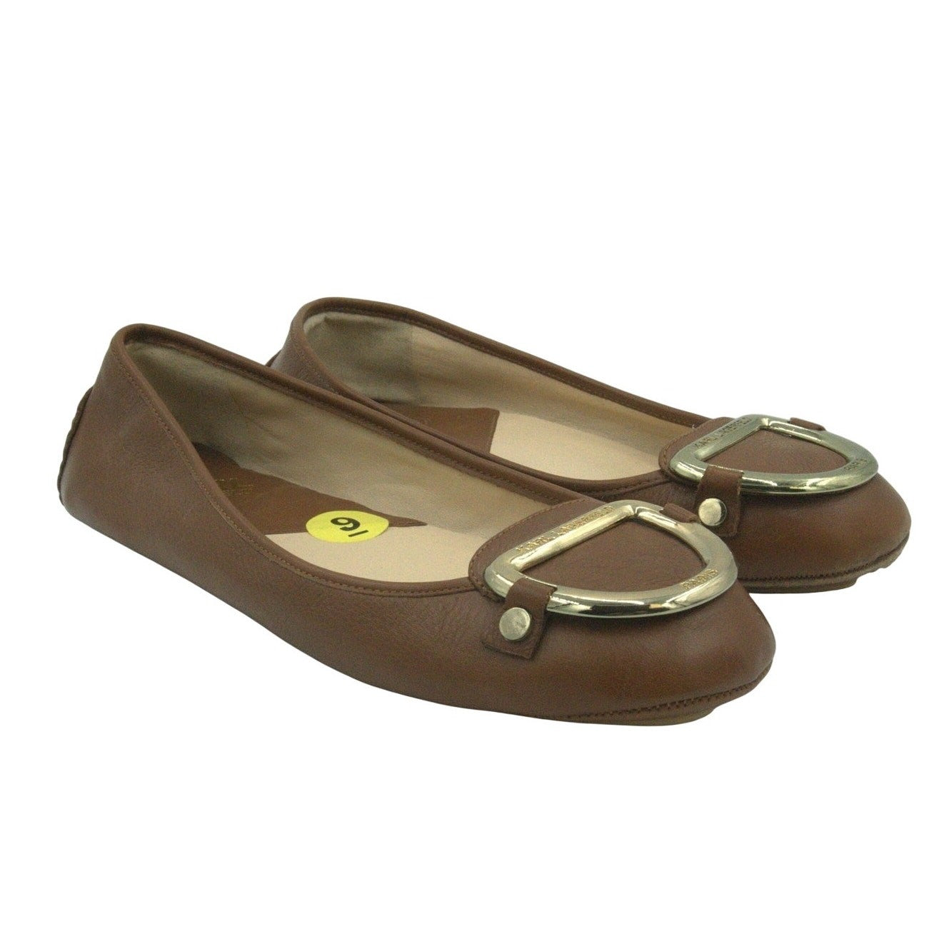 Karl Lagerfeld Paris tan brown leather ballet flats with buckle detail for women size 9, featuring a sleek and classic design.