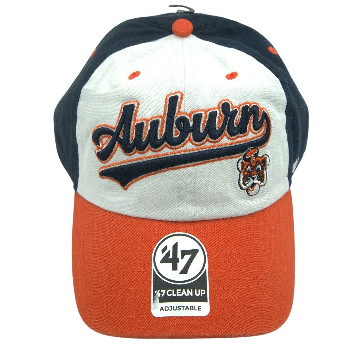 A navy and orange Auburn Tigers 47 Brand Clean Up adjustable hat with team logo, OSFM fit, and structured design.