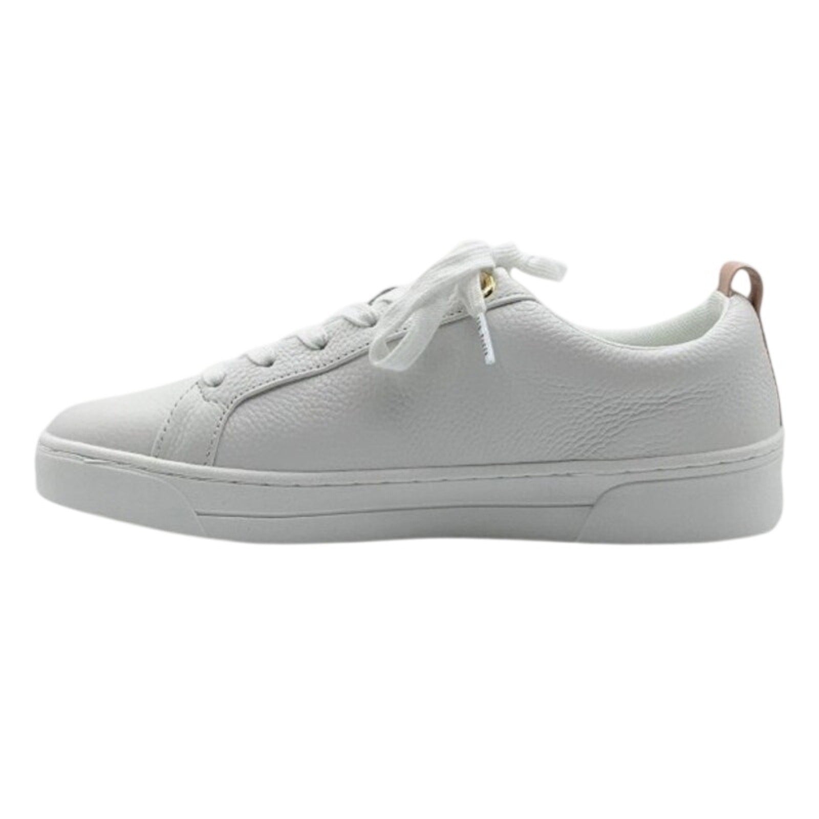 Pink and white Ted Baker Bailey Icon leather sneakers with stylish design, size 7/8.5, featuring classic sneaker details.