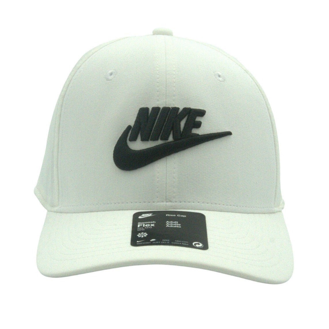 White Nike Swoosh Flex performance cap with adjustable M/L fit, featuring the iconic Nike swoosh logo on front.
