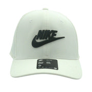 White Nike Swoosh Flex performance cap with adjustable M/L fit, featuring the iconic Nike swoosh logo on front.