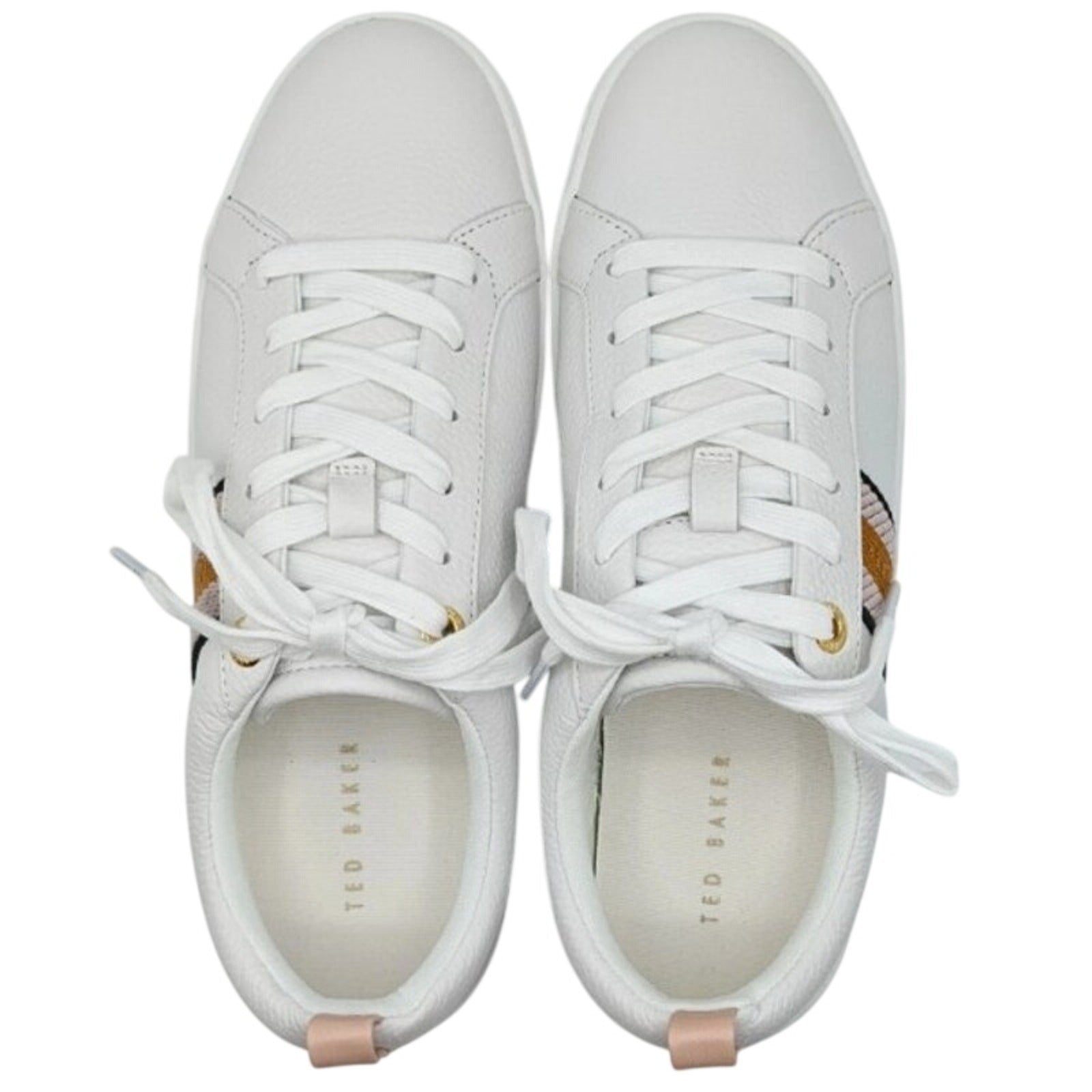 Pink and white Ted Baker Bailey Icon leather sneakers, size 7/8.5, with sleek design and branded detailing.