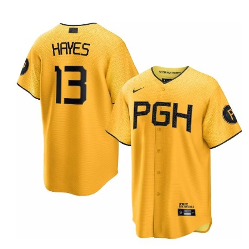 Nike men's Pittsburgh Pirates Ke'Bryan Hayes #13 Cool Base jersey, official MLB team apparel with team logo and player number.