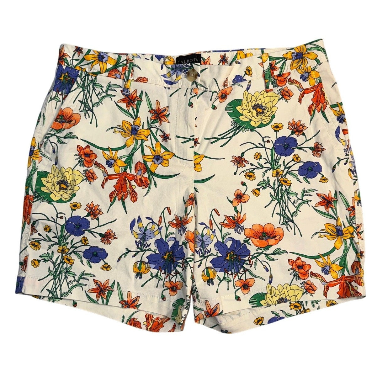 Talbots women's floral print relaxed chino shorts in size 8 petite with 6-inch inseam, displayed on a neutral background.