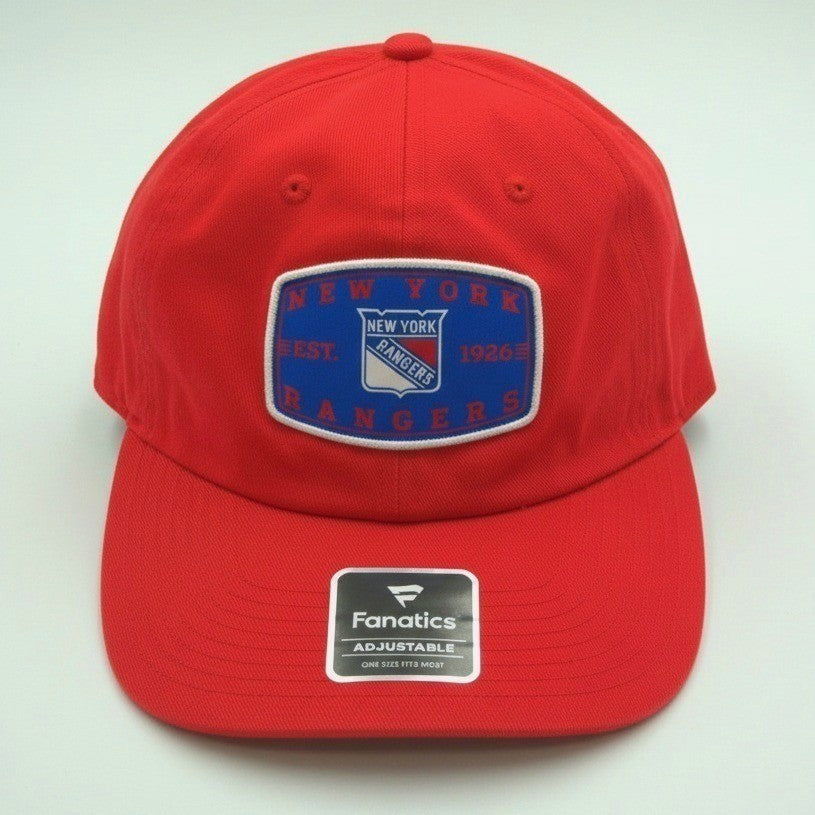 Red New York Rangers Fanatics adjustable NHL hat, OSFM size, featuring team logo and structured design.