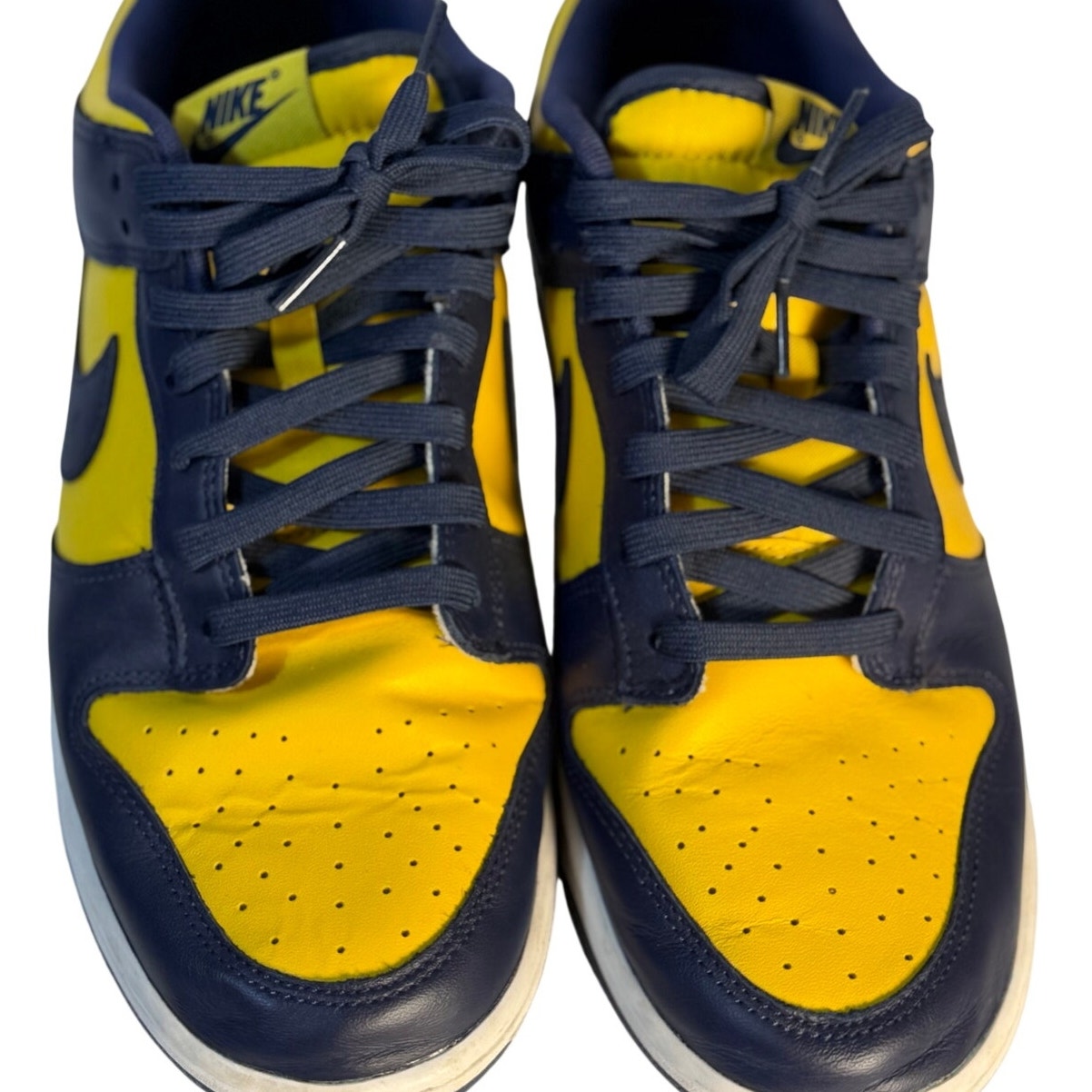 Nike Dunk Low Michigan Navy Yellow leather sneakers for men, US size 11, showcasing navy and yellow color blocking and classic design.