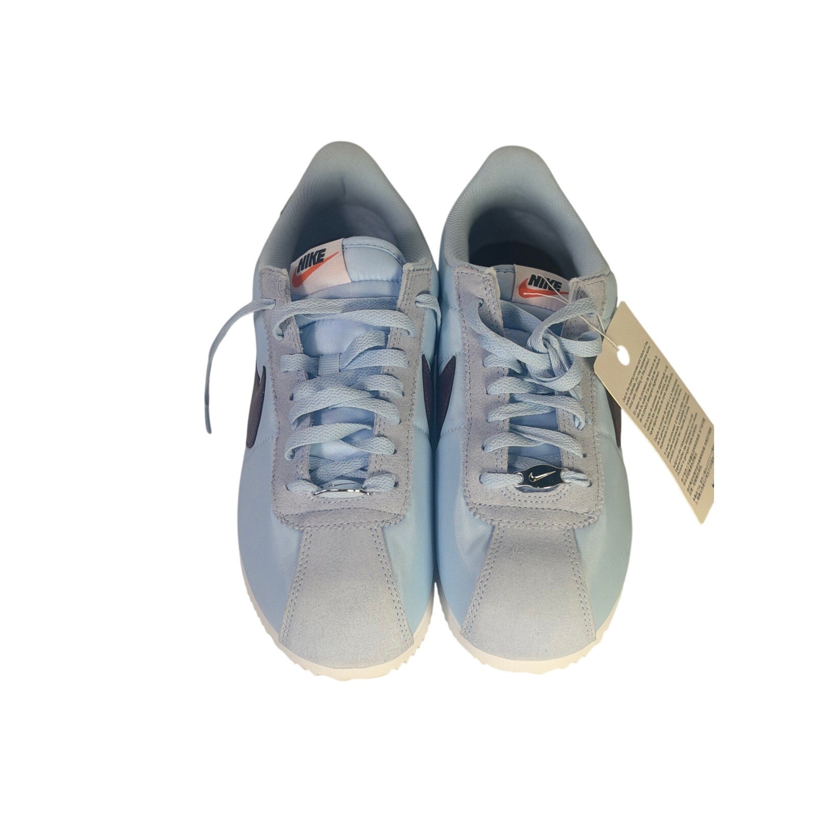 Nike Classic Cortez nylon men's sneakers in light blue and burgundy, size 8.5, featuring a sleek design and athletic style.