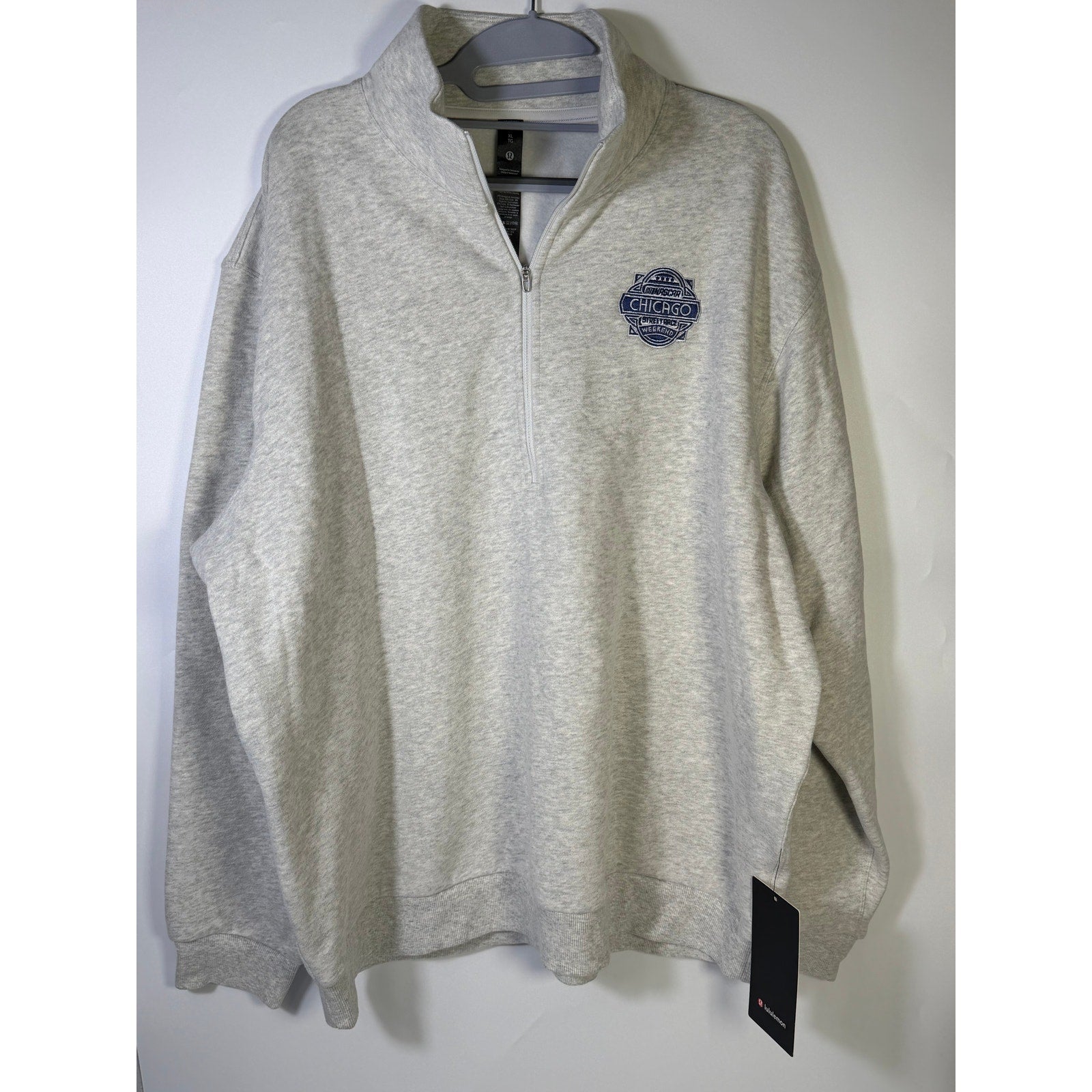 Lululemon Steady State Half Zip Sweatshirt in gray, oversized fit, XL size, featuring a high collar and relaxed style.