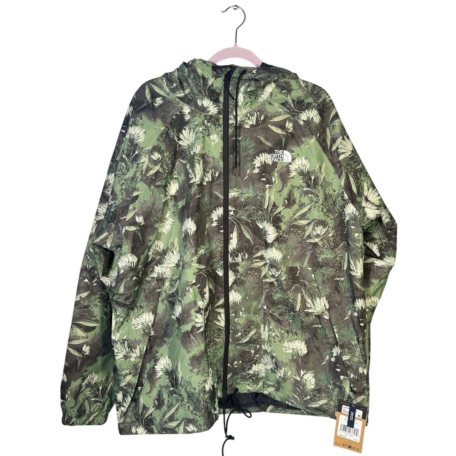 The North Face men's Antora rain hoodie in XXL, duck green prairie print, displayed on a hanger with visible hood and full front view.