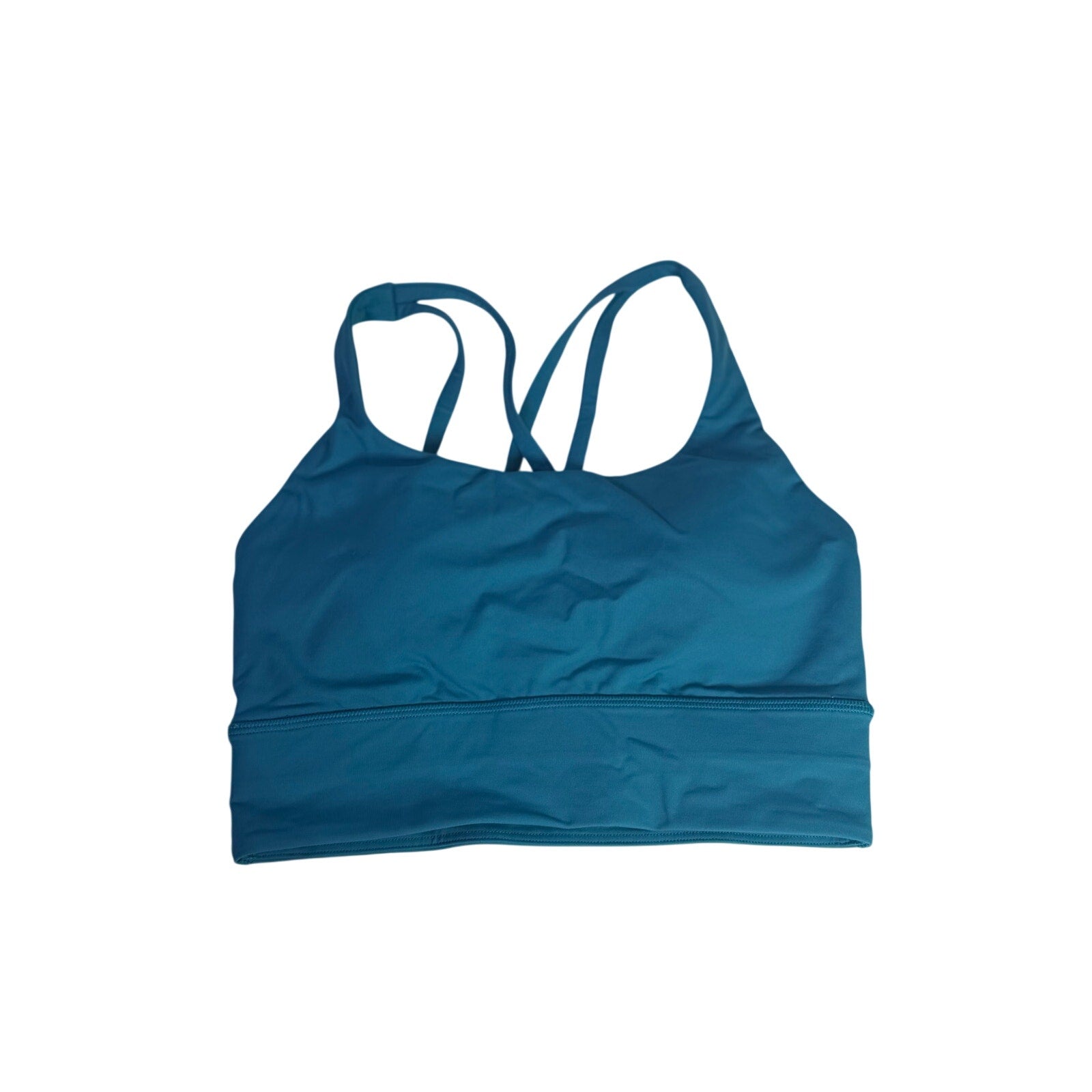 Lululemon women's teal blue longline sports bra with strappy design, size 4, made for active wear and support.