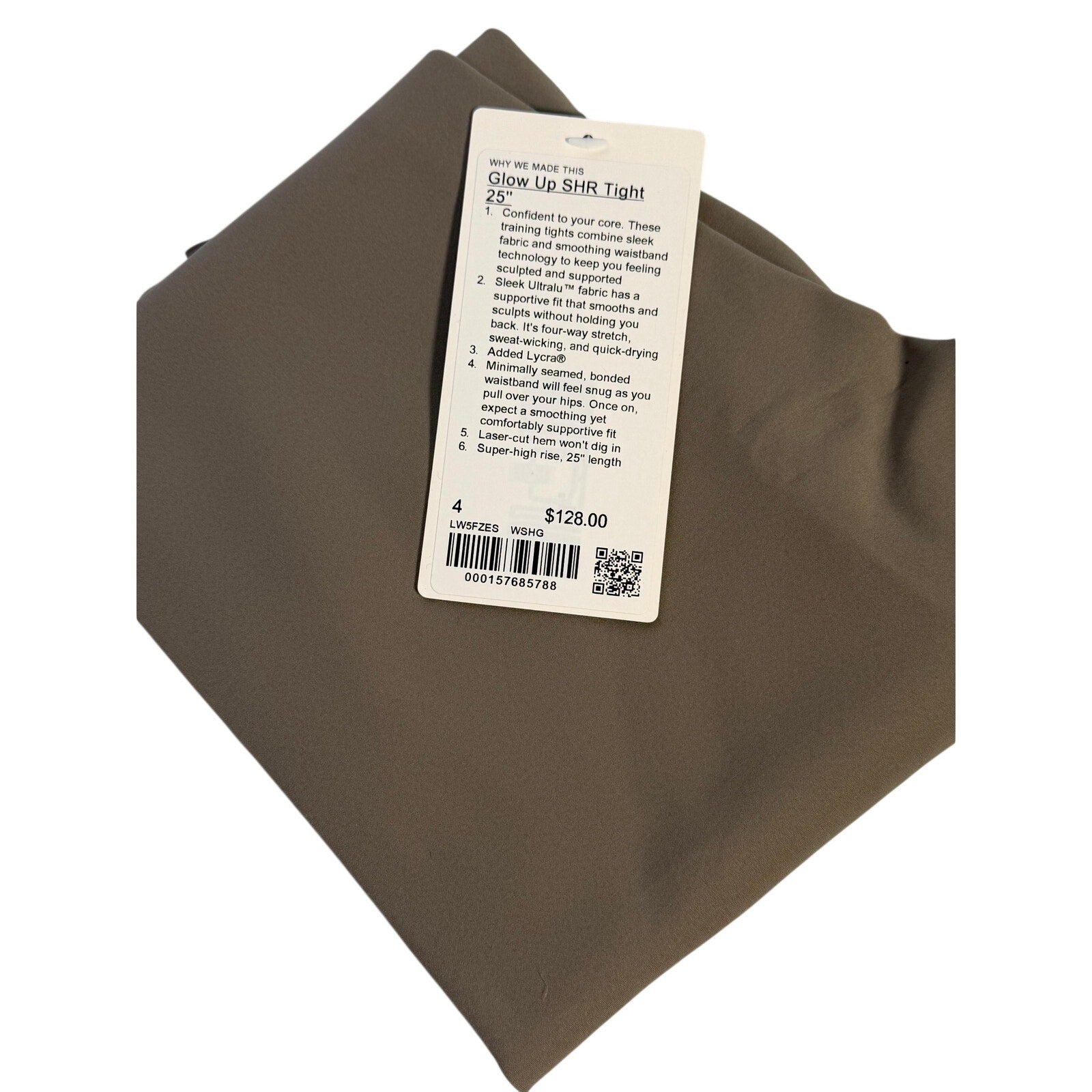 Lululemon Glow Up super-high-rise taupe gray leggings in size 4, fitted with a sleek waistband and soft fabric.