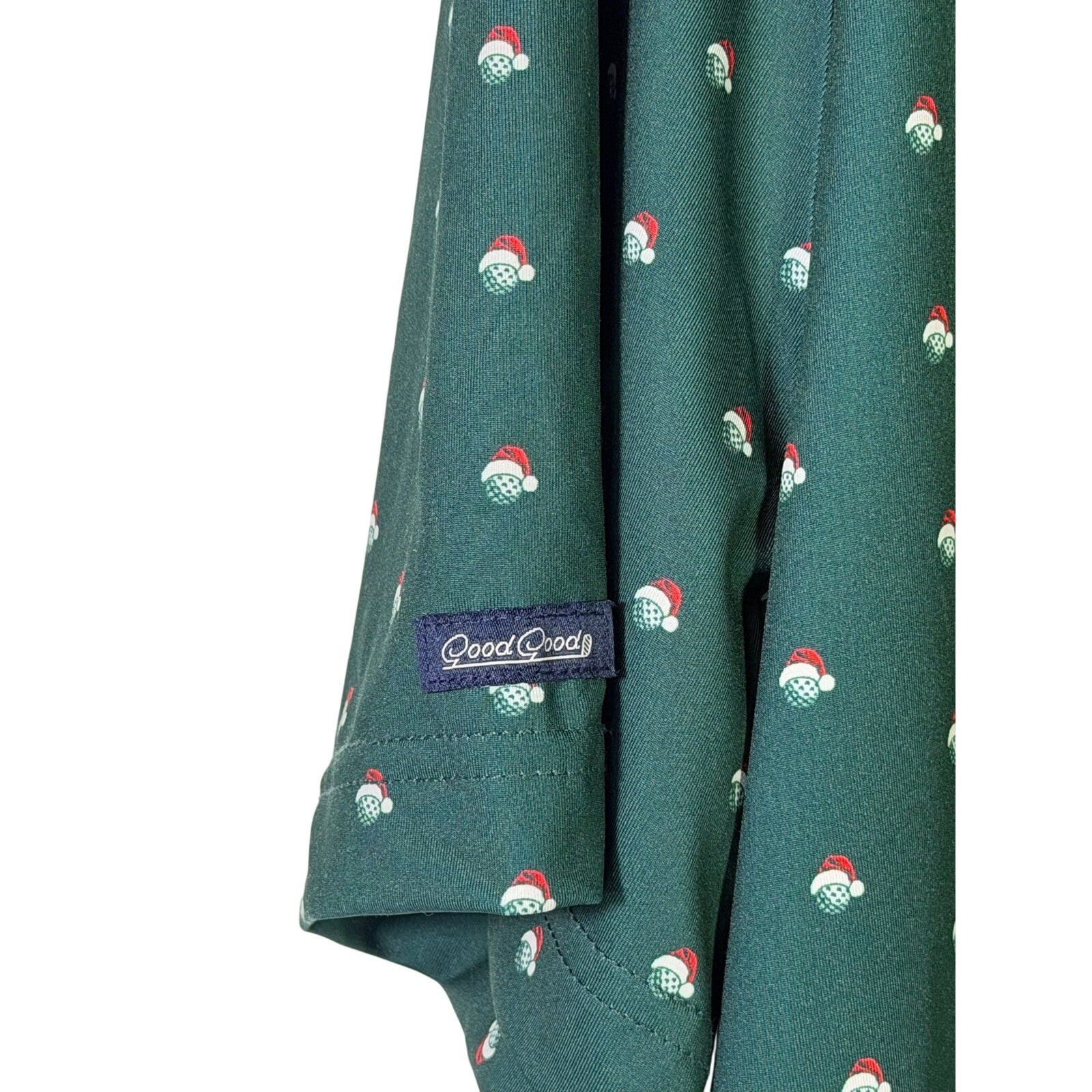 Good Good Golf men's Santa holiday golf polo in green, size large, featuring festive design and comfortable fit.