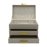 Ivory 3-tier faux leather jewelry box with champagne gold handles and faux suede lining, designed for elegant jewelry storage.