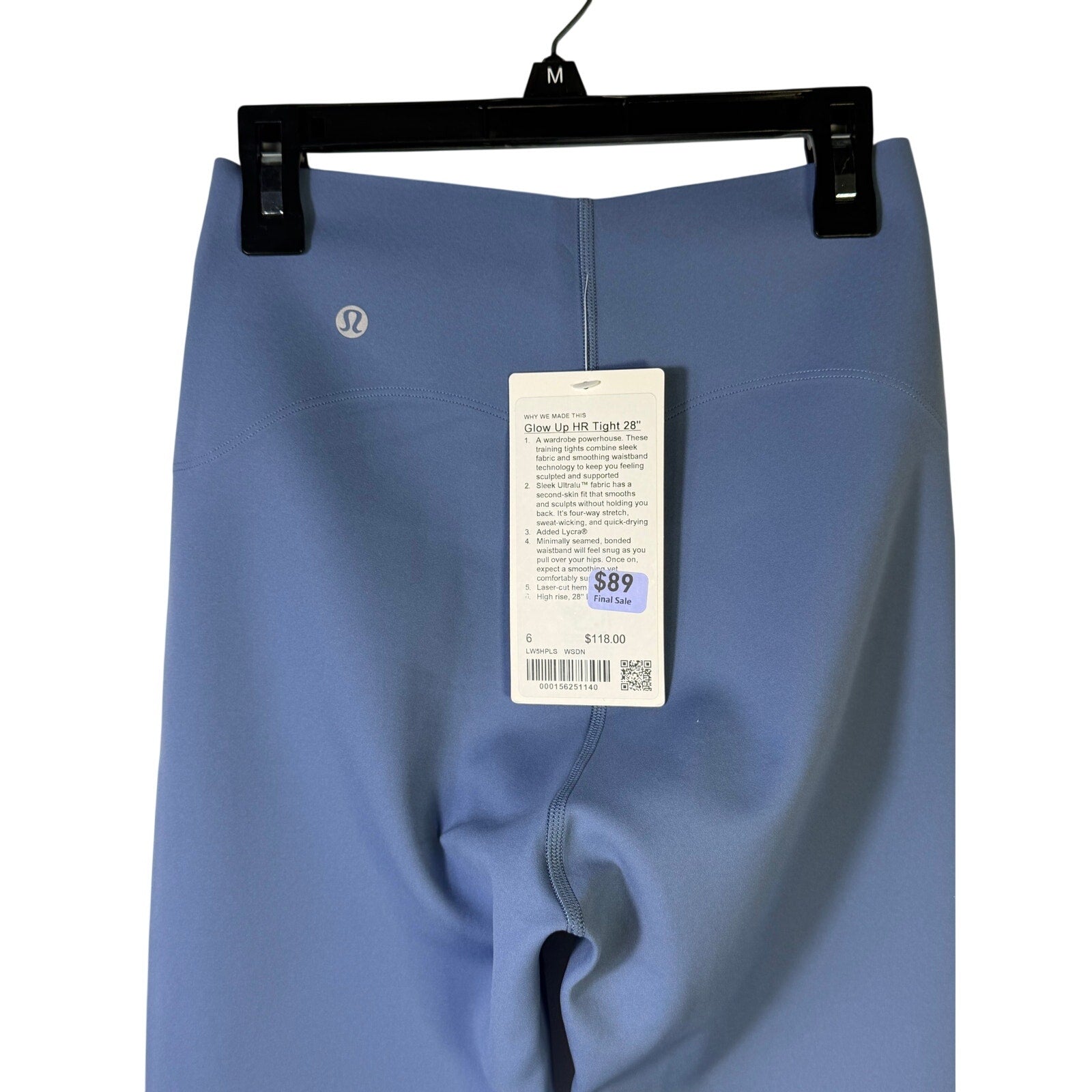 Lululemon Glow Up high-rise denim leggings in washed denim, size 6, showcasing the fitted design and 28-inch length.