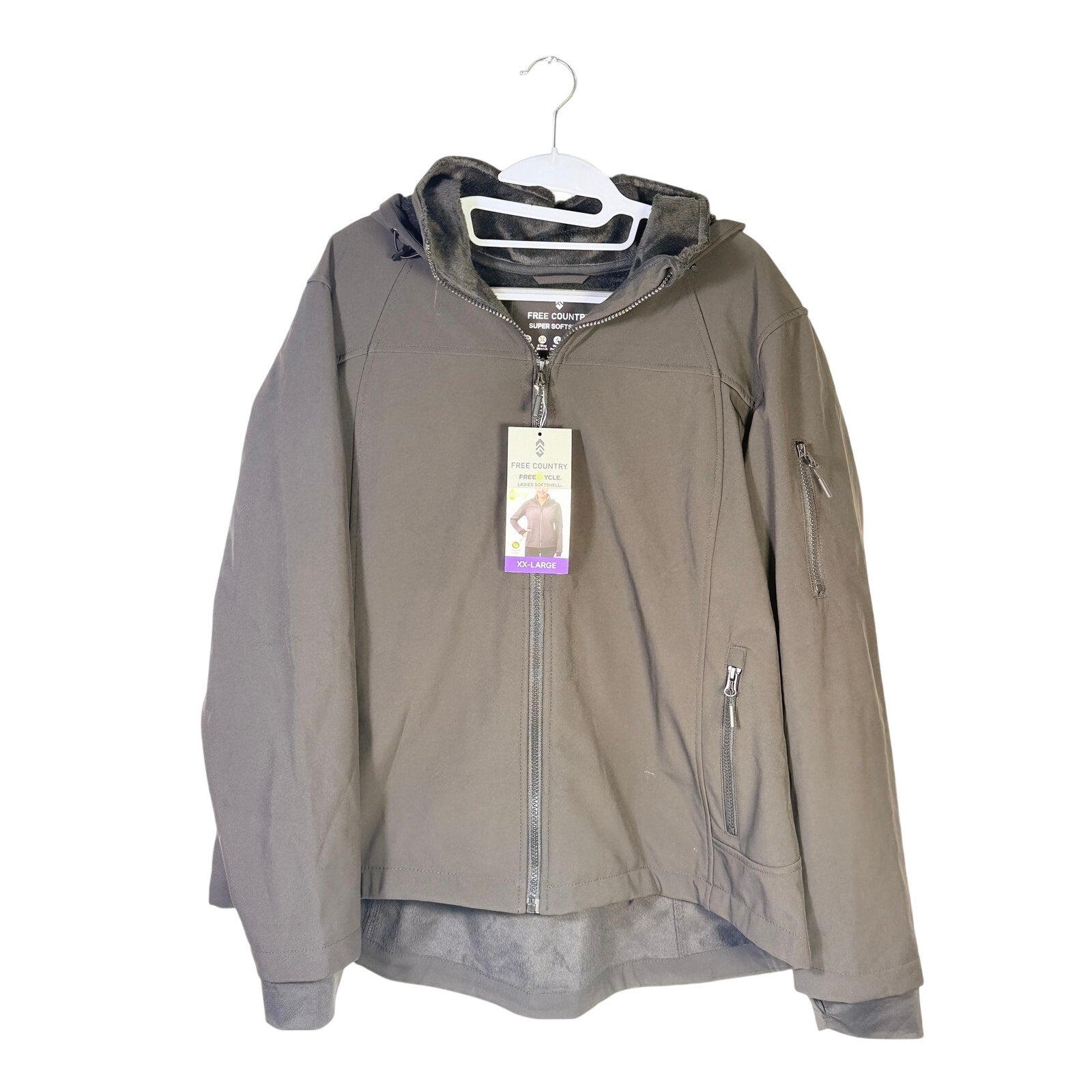 Gray fleece-lined hooded softshell jacket for women by Free Country, size 2XL, shown with front view and zip closure.