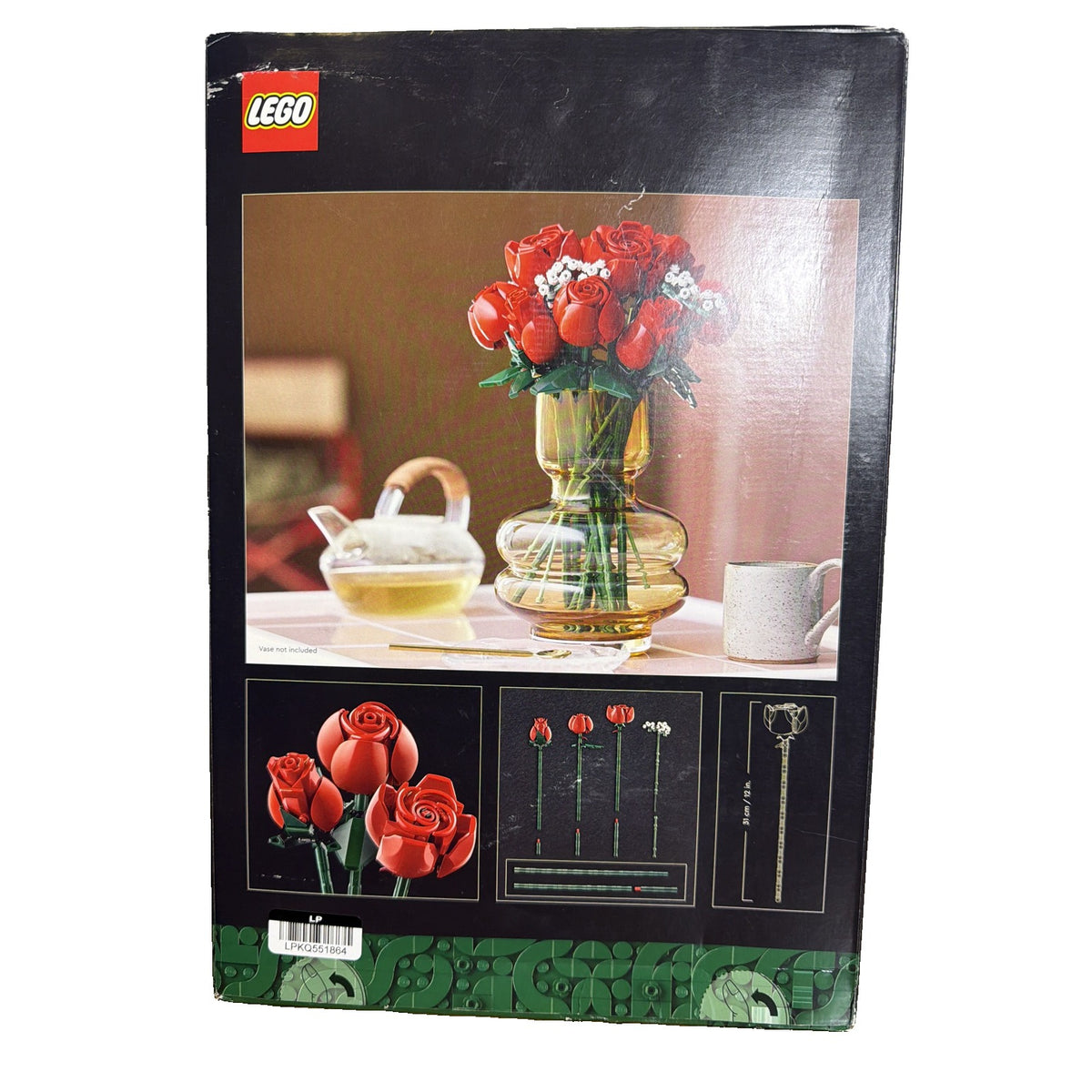 LEGO Botanicals Bouquet of Roses 10328 building set featuring detailed rose flowers and greenery, 822 pieces in a new box.