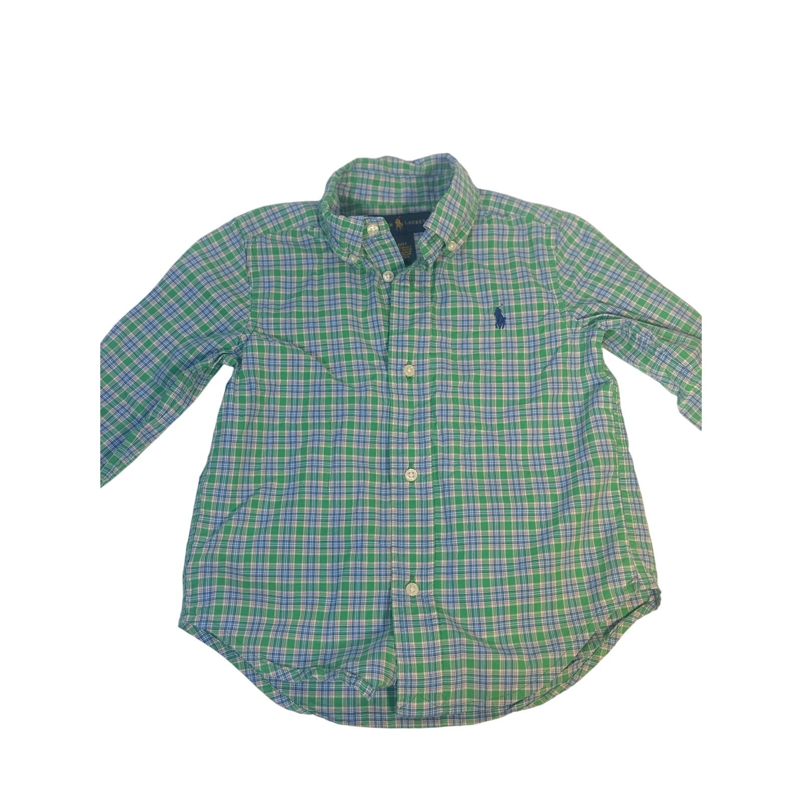 Ralph Lauren toddler boys plaid button-down shirt in green and blue, size 2T, with collar and long sleeves.