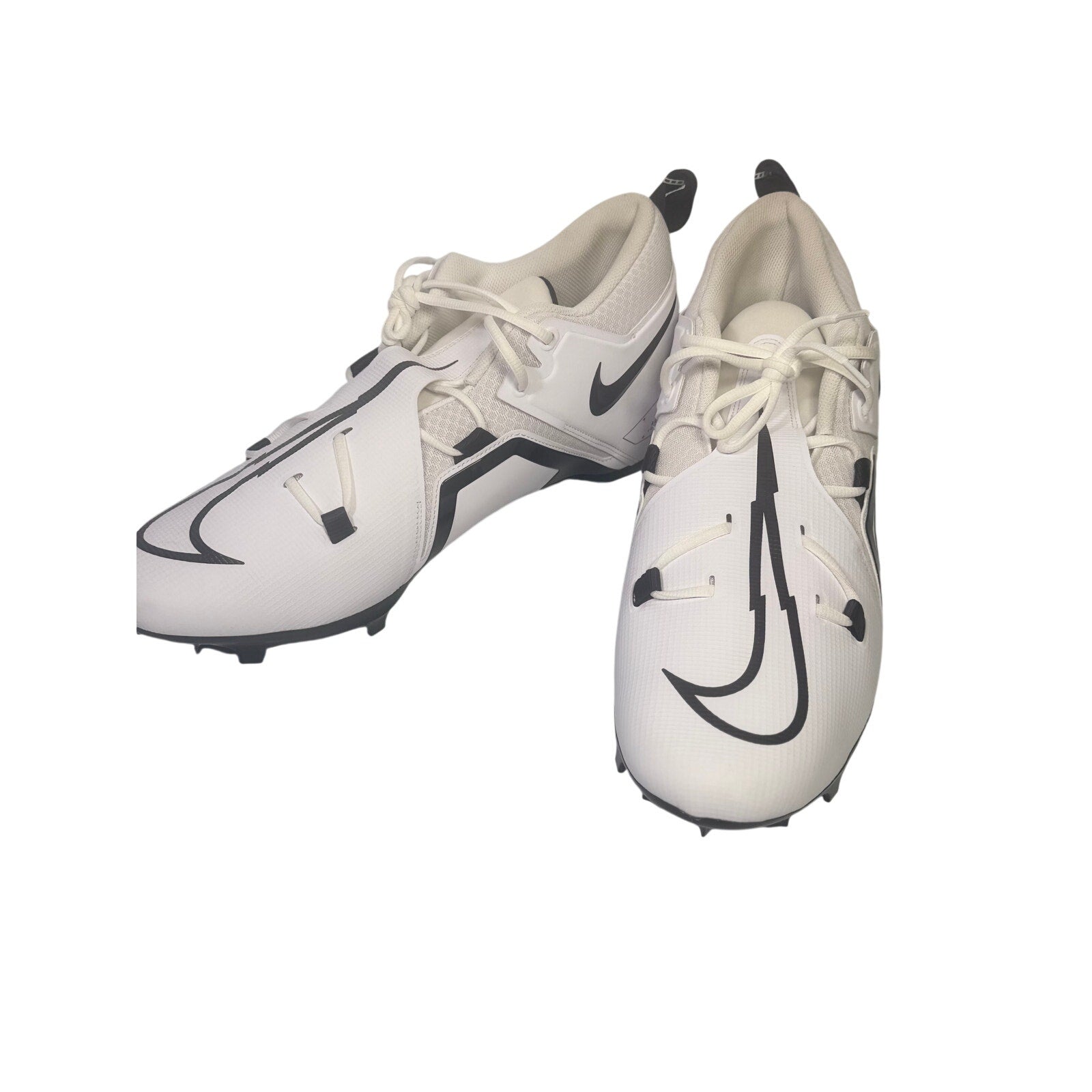 Nike Alpha men's football cleats in white and black with size 17, featuring studded soles and athletic design.