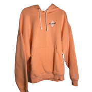 Women's oversized Free People FP Movement logo hoodie in fruit punch color, casual sweatshirt with a relaxed fit.