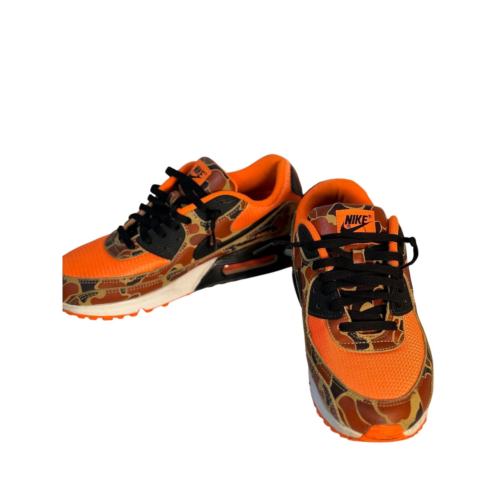 Nike Air Max 90 orange camo black sneakers for men, size 11, with a stylish design and visible Air Max sole cushioning.
