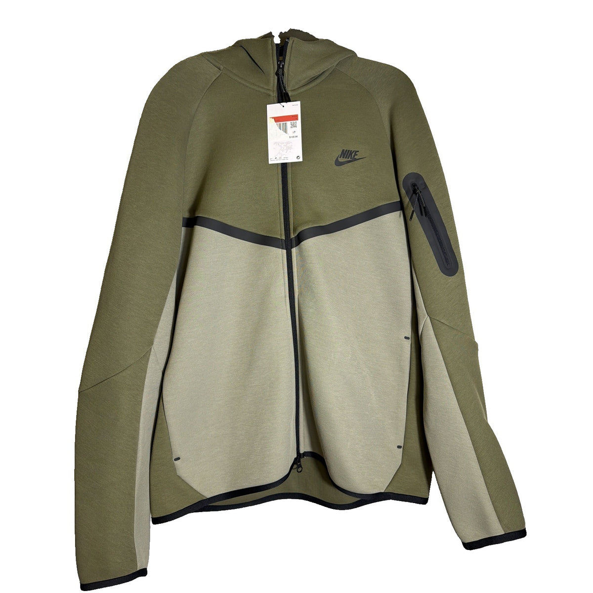 Nike Tech Fleece Windrunner full zip hoodie in olive for men, size large, showing front view with Nike logo and zip closure.