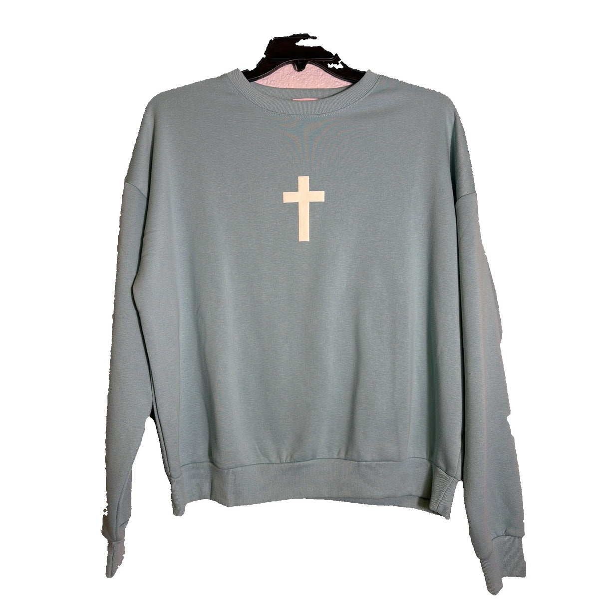 Seventh & Sunset Faith Over Fear Psalm 34:4 teal blue women's crewneck sweatshirt, new with visible fabric texture.