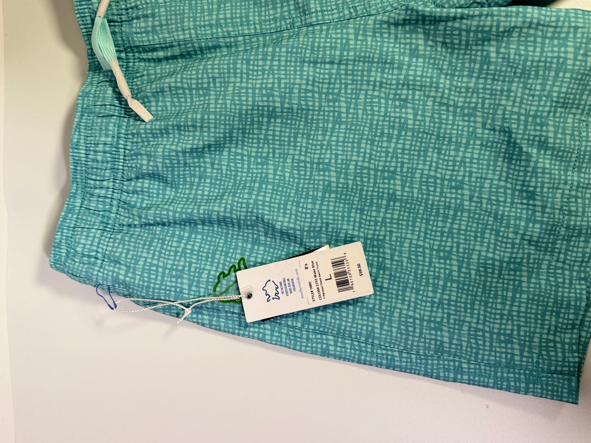 Southern Tide printed teal performance swim trunks for men, size large, with a vibrant pattern and quick-dry fabric.