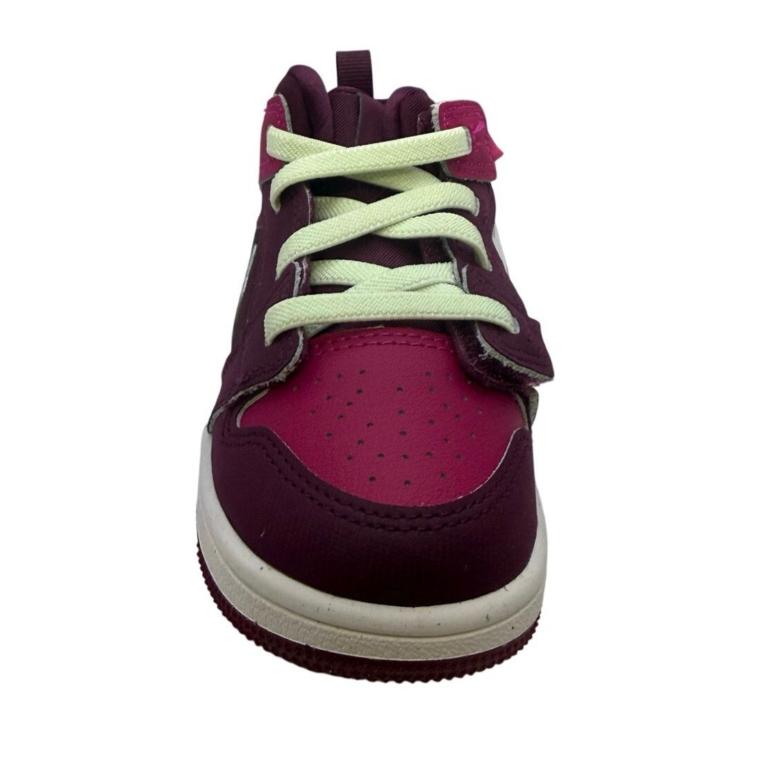 Air Jordan Jordan 1 Mid RM EasyOn toddler sneakers in Bordeaux, pink, and white with velcro straps, size 7C.