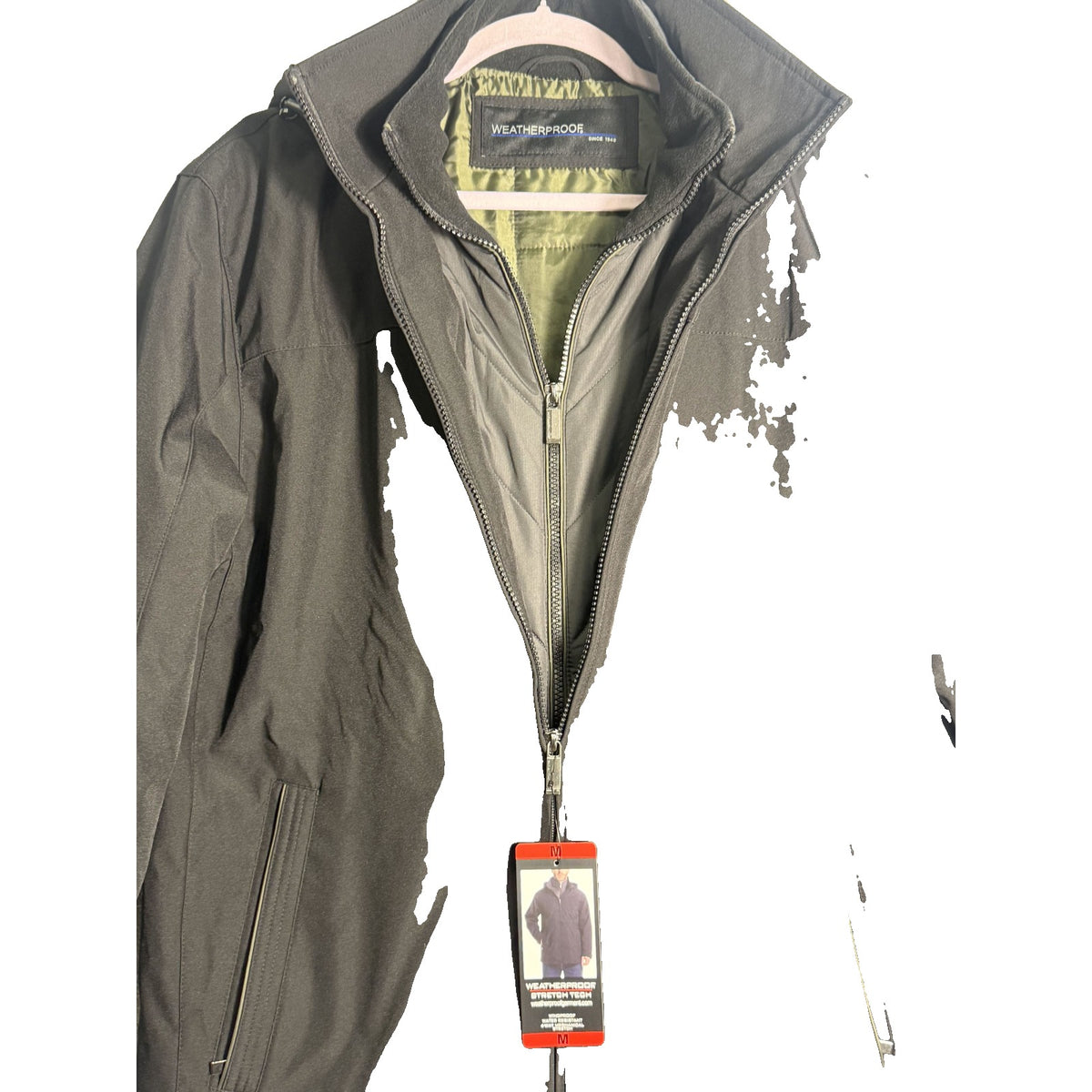 Weatherproof men's black stretch tech hooded jacket with quilted bib, designed for weatherproof protection and comfort.