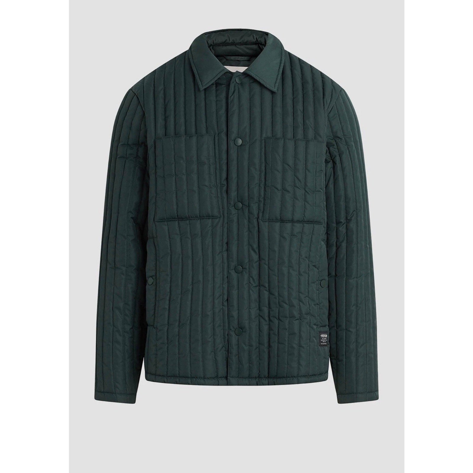 Hudson green quilted men's snap front jacket in medium size showing front view with collar and quilted texture.
