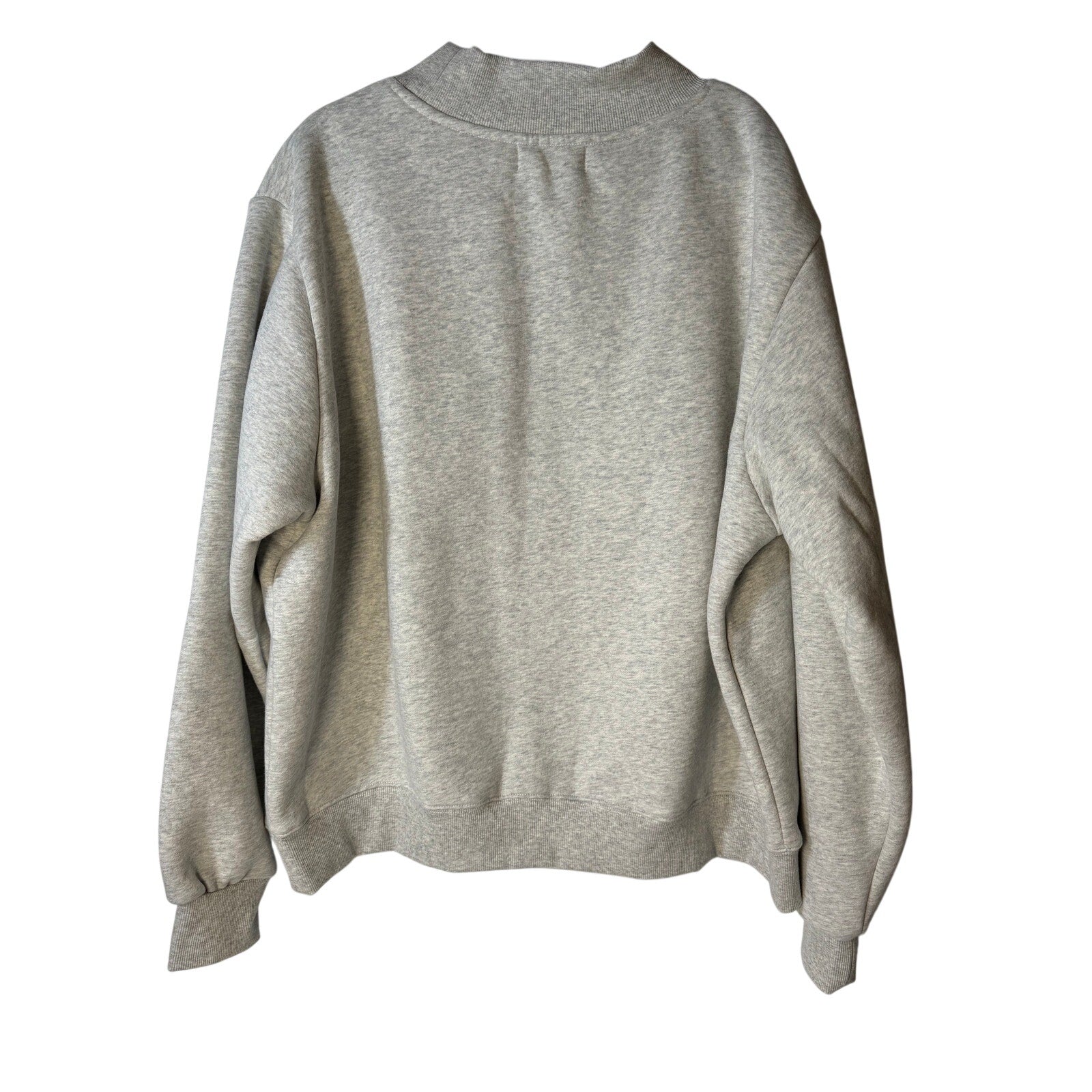 Women's gray PARKE sweatshirt with mock neck, oversized fleece pullover featuring embroidered logo and relaxed fit.