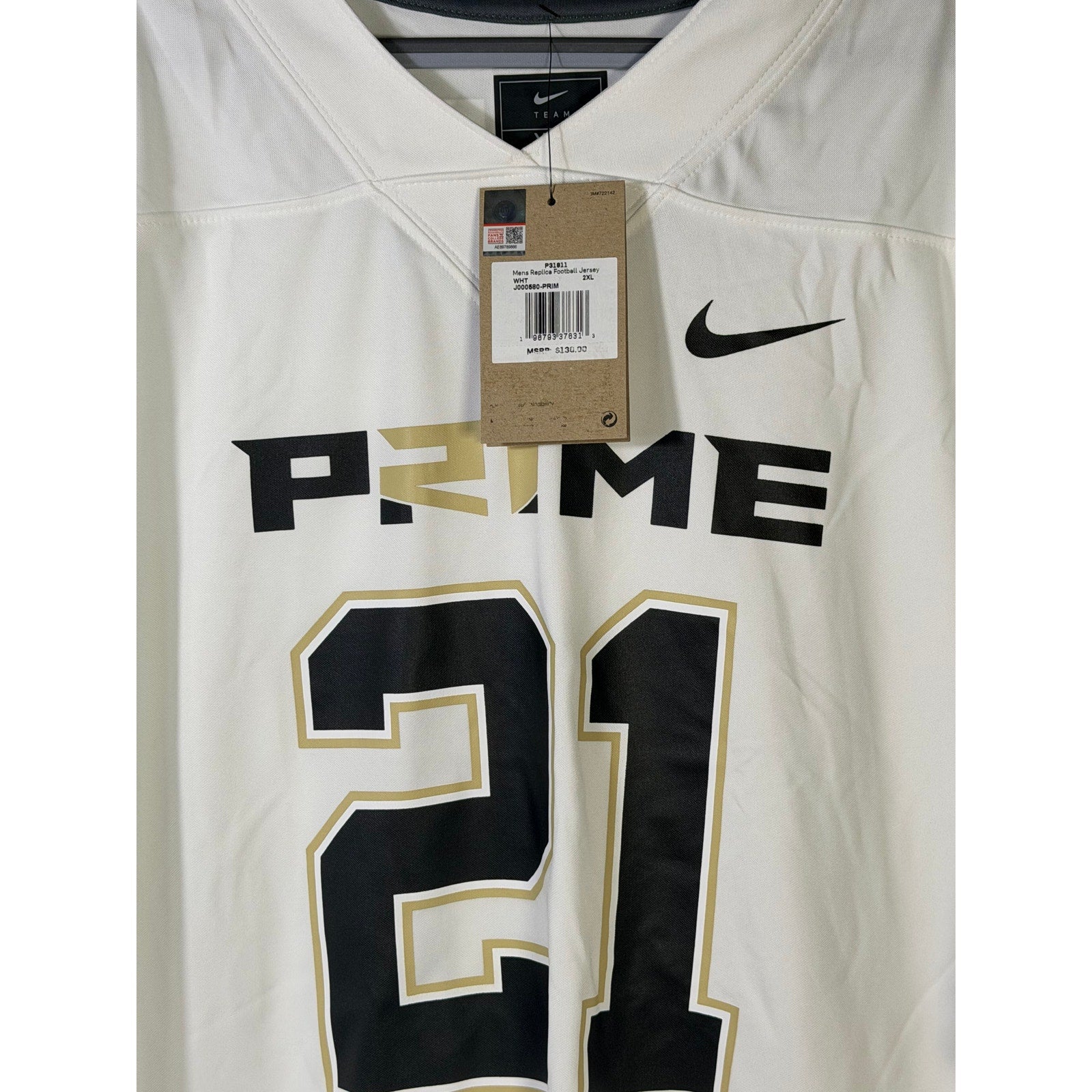 Nike PRIME Deion Sanders #21 football jersey for men, size 2XL, in white, featuring team logo and player number.