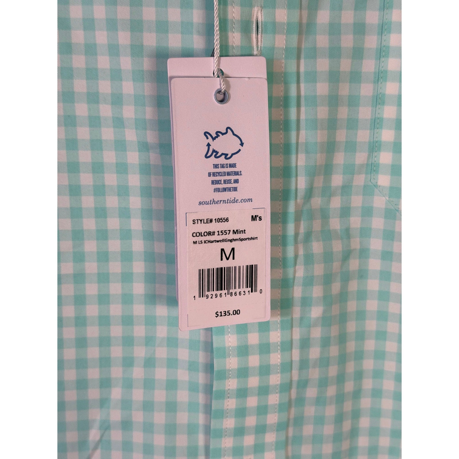 Southern Tide men's medium Hartwell Gingham sport shirt in mint, casual button-up with a classic checkered pattern.