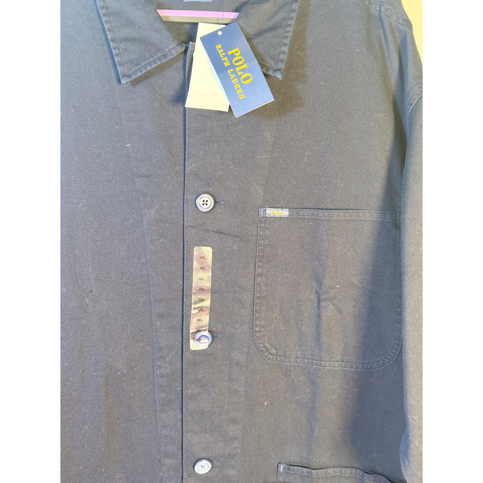 Navy Polo Ralph Lauren men's classic fit chore jacket with button front and chest pockets, shown in size XXL.