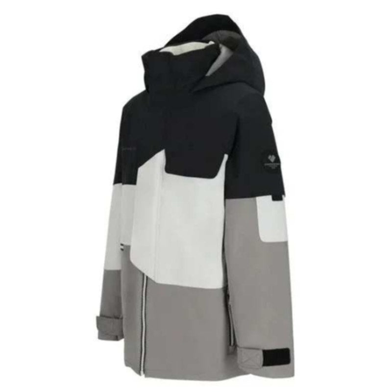 Obermeyer boys Axel jacket in moonstone color, size XL, shown on a hanger with a front view and hood detail.