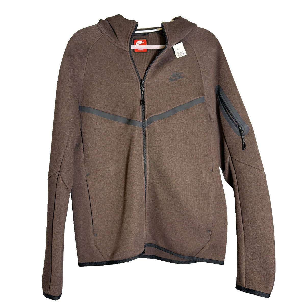 Nike Tech Fleece Windrunner hoodie in brown, unisex full-zip sweatshirt with Nike branding and hood, size small, new with tags.
