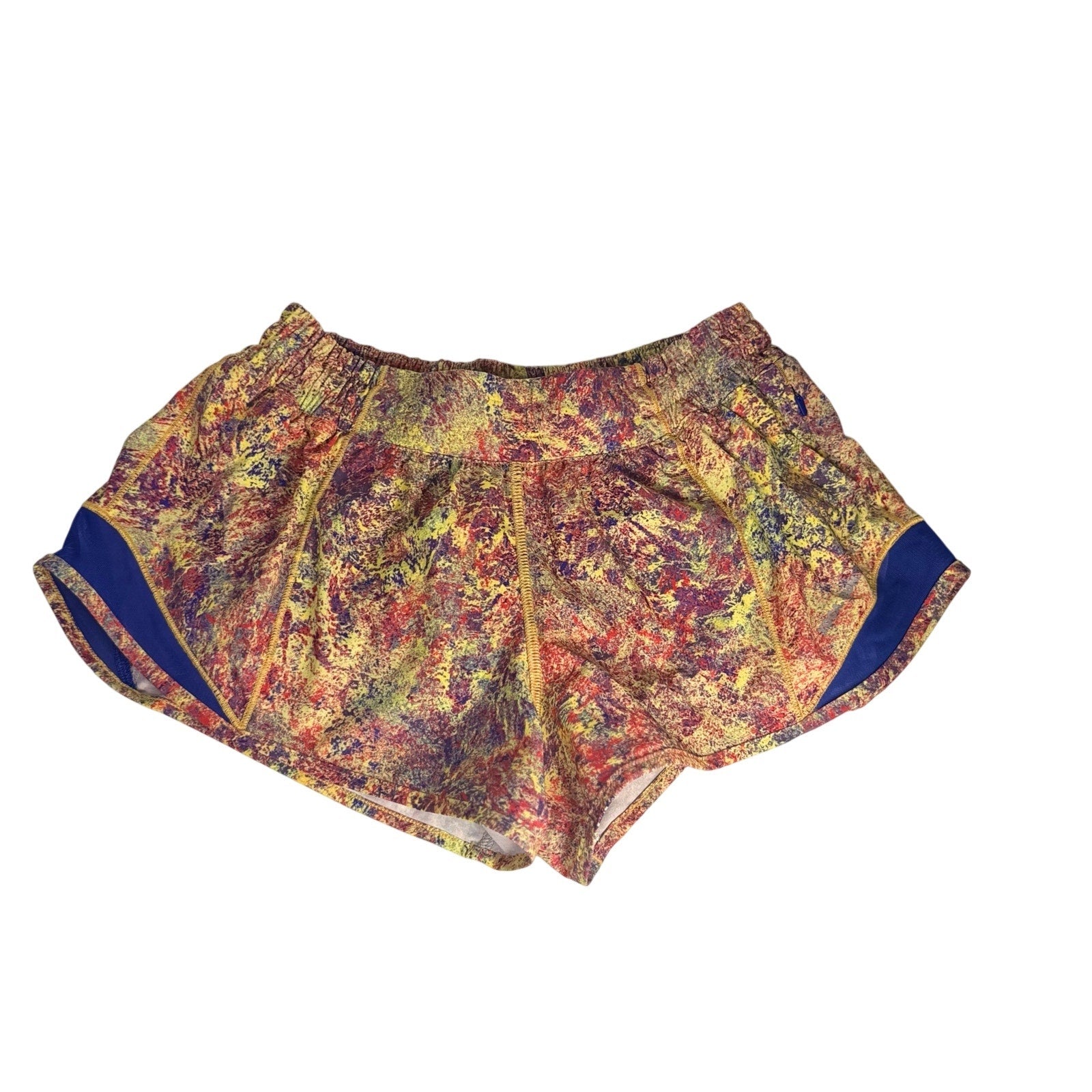 Lululemon women's printed running shorts in multicolor navy, size 6, featuring a lightweight, breathable design.