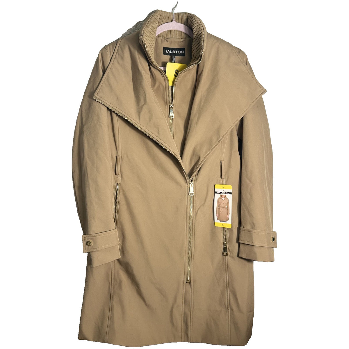 Halston women's camel soft shell coat with asymmetric zipper and knit collar bib, size small, stylish and warm jacket.